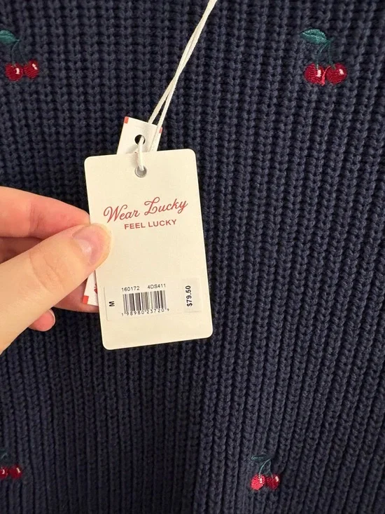 NWT Lucky Brand Navy Sweater with Cherry Embroidery - Picture 2 of 5